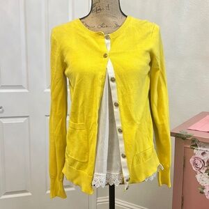 CAbi Yellow Layered Sweater Cardigan with built in camisole, size SM